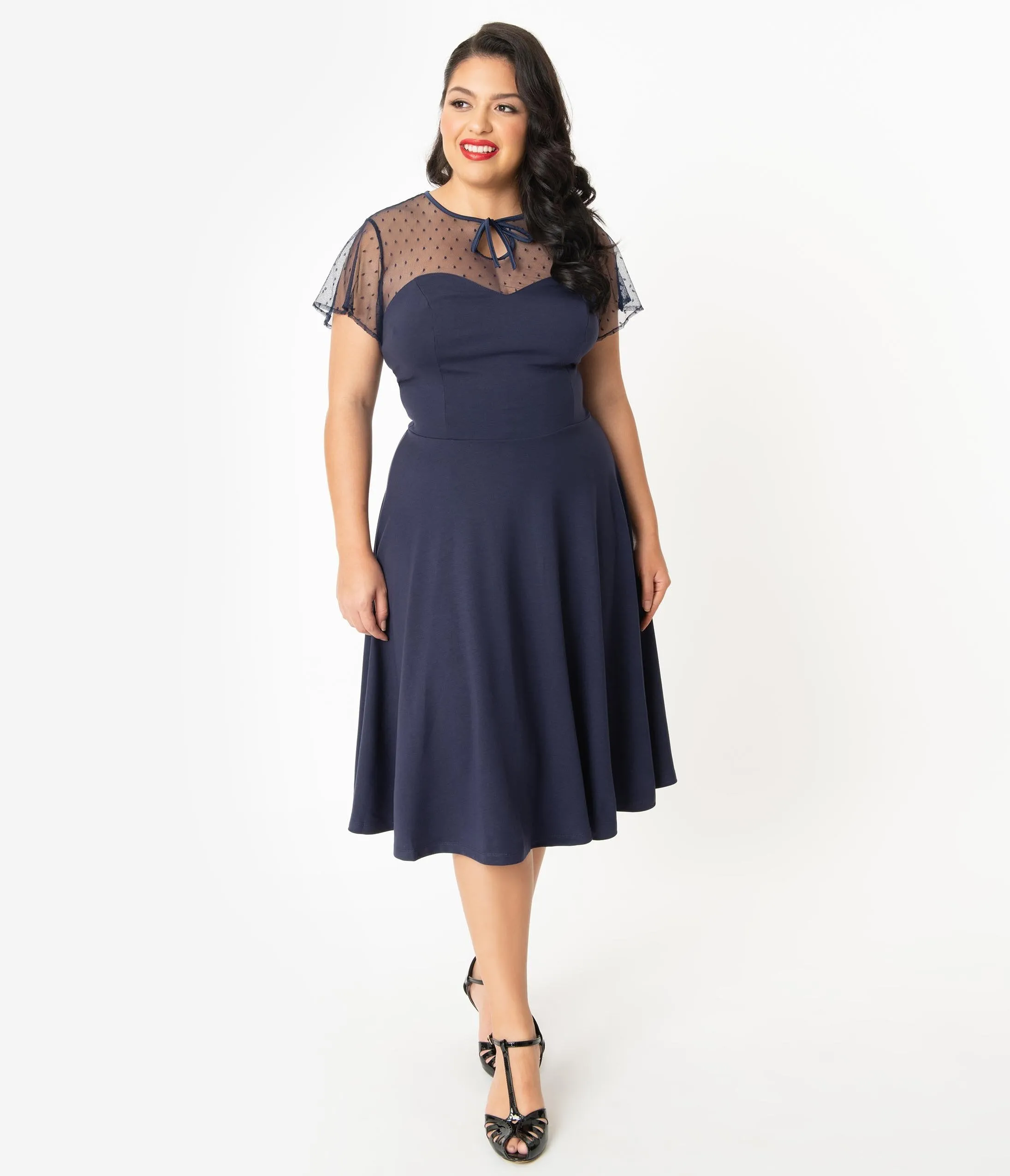 Unique Vintage Plus Size 1940s Navy Blue Swiss Dotted Heather Midi Dress