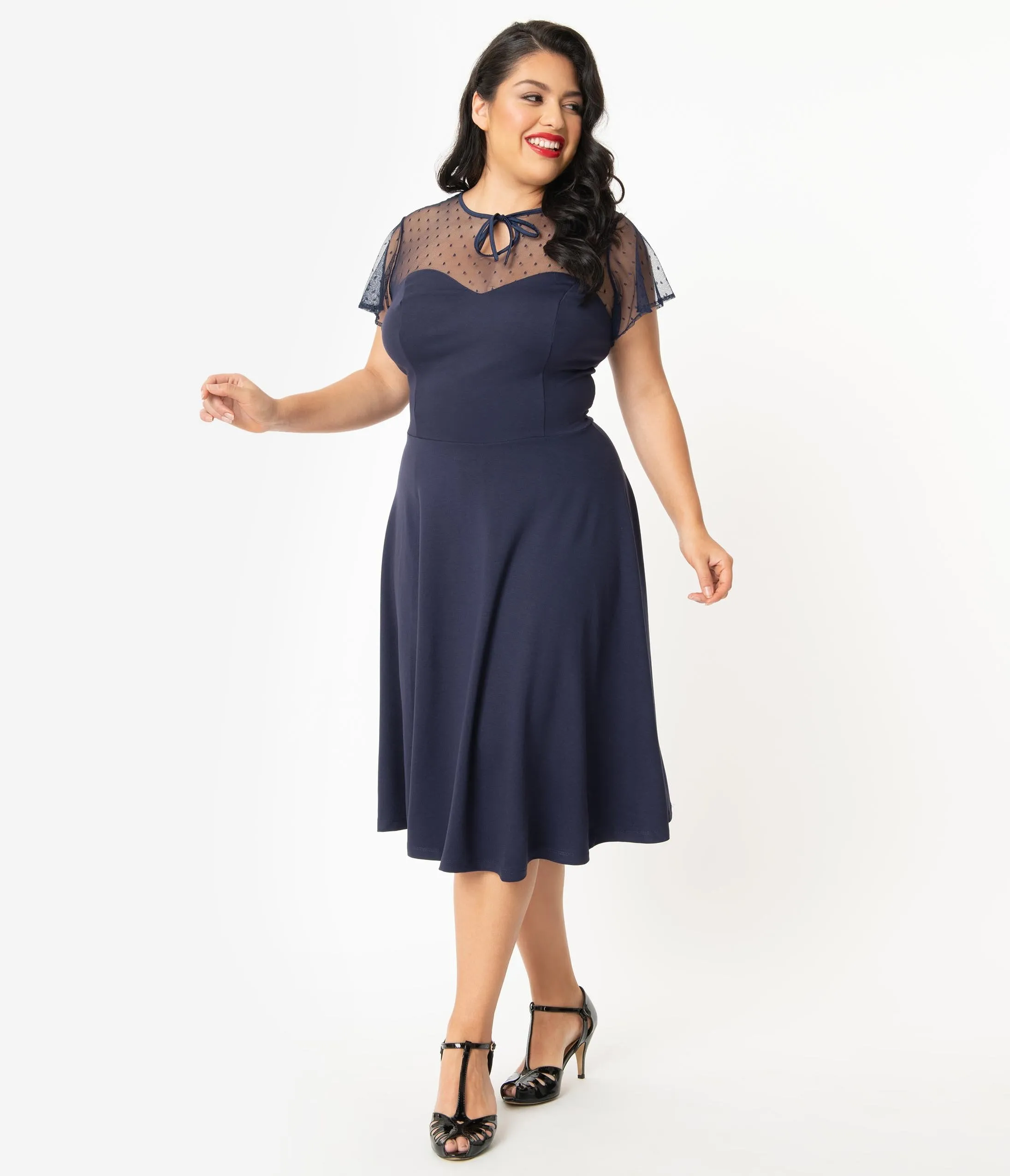 Unique Vintage Plus Size 1940s Navy Blue Swiss Dotted Heather Midi Dress