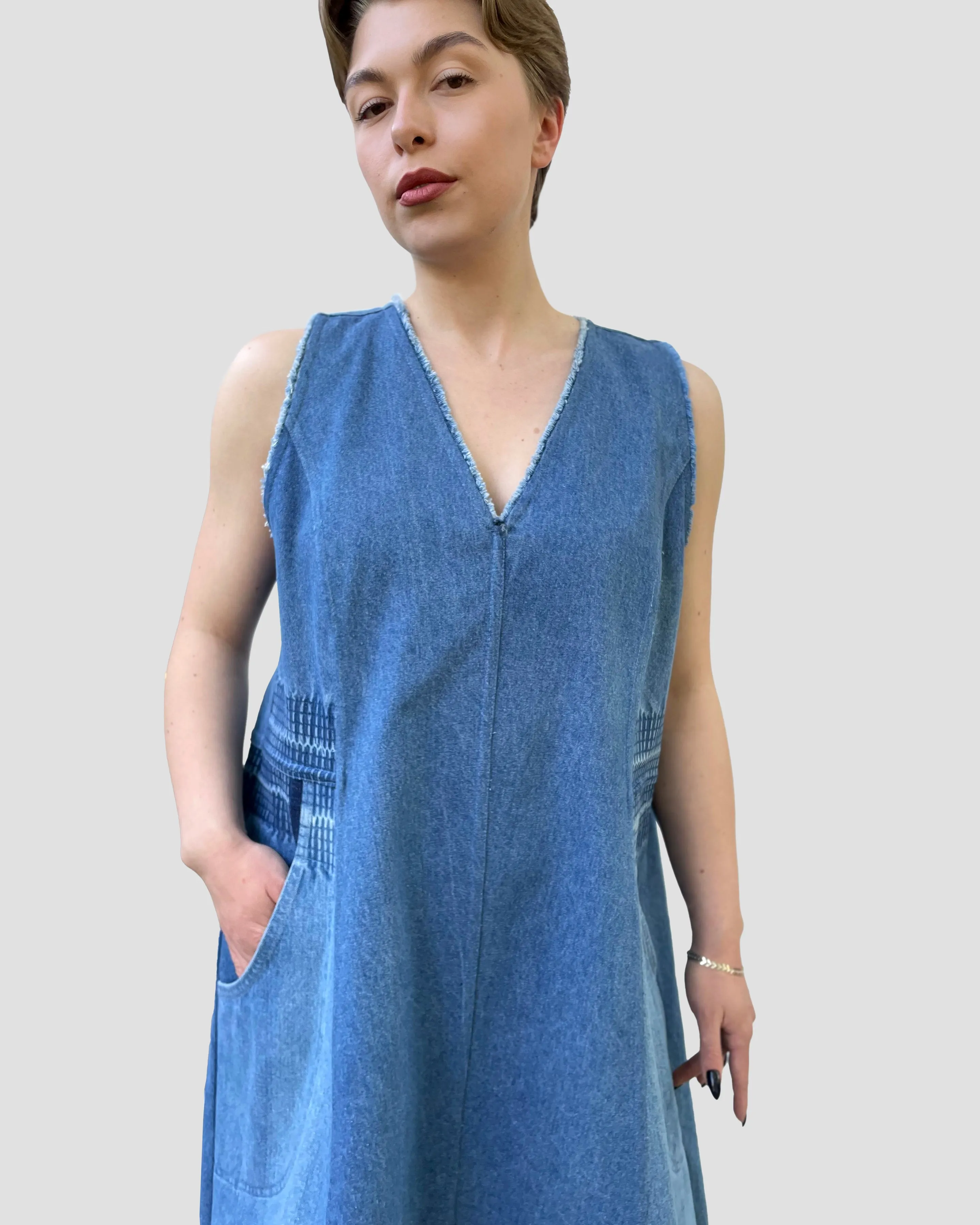 Upcycled Denim V-Neck Dress