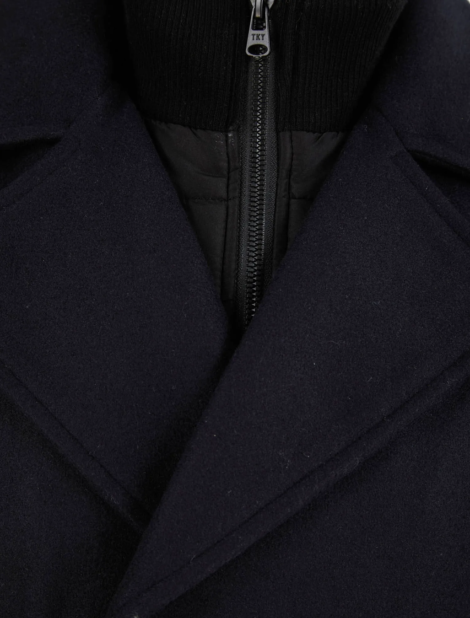 Uxmal Double Breasted Wool Look Pea Coat with Quilted Mock Insert in Navy - Tokyo Laundry