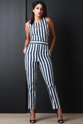 Vertical Striped Back Cutout Jumpsuit