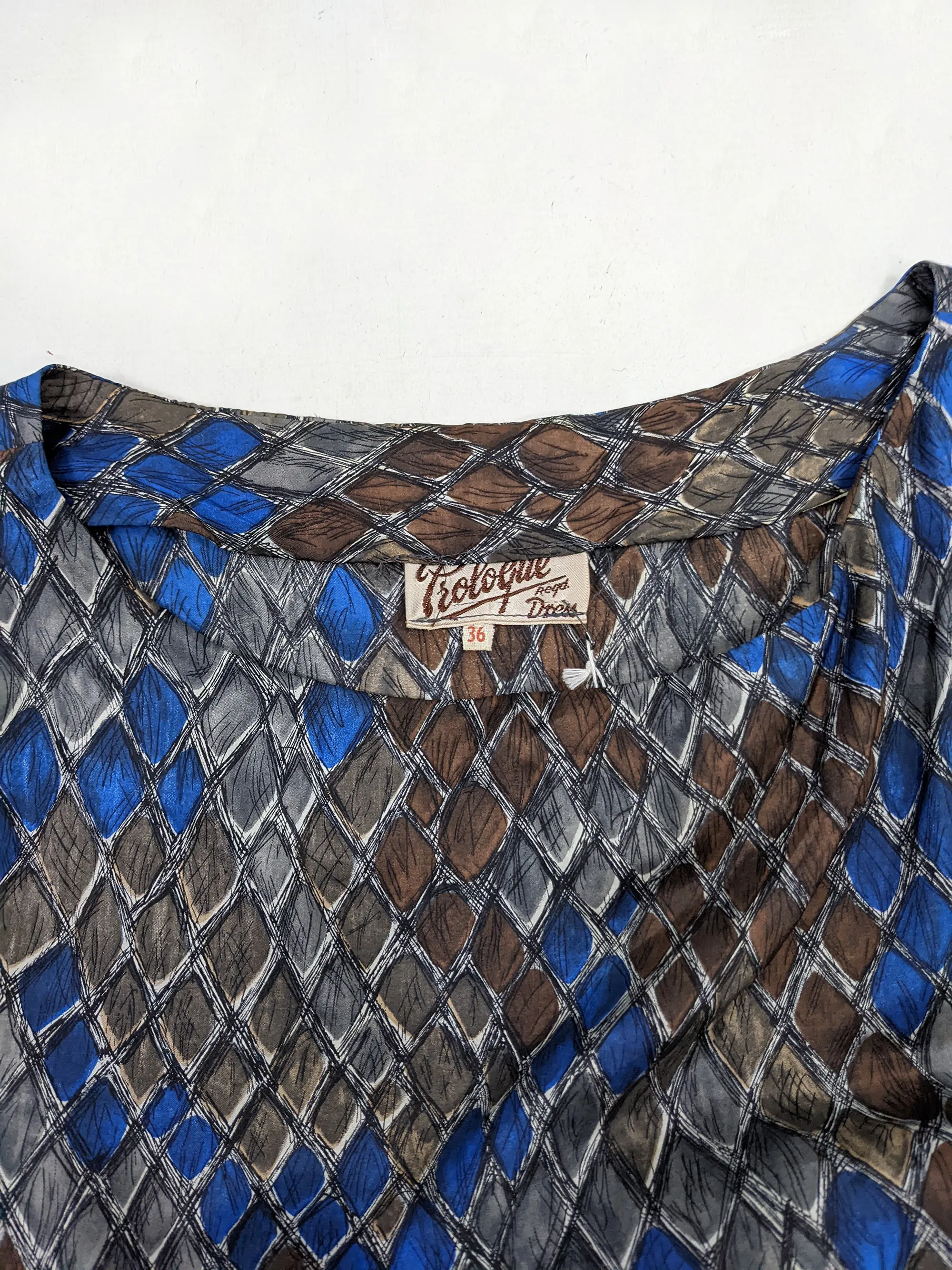 Vintage 50s Silk Party Dress with Blue & Brown Diamond Print, 1950s