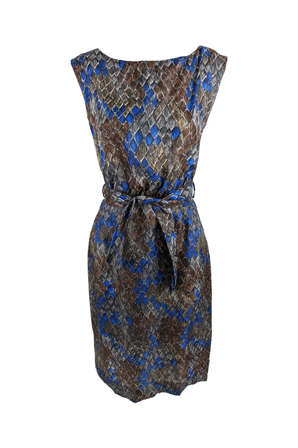 Vintage 50s Silk Party Dress with Blue & Brown Diamond Print, 1950s