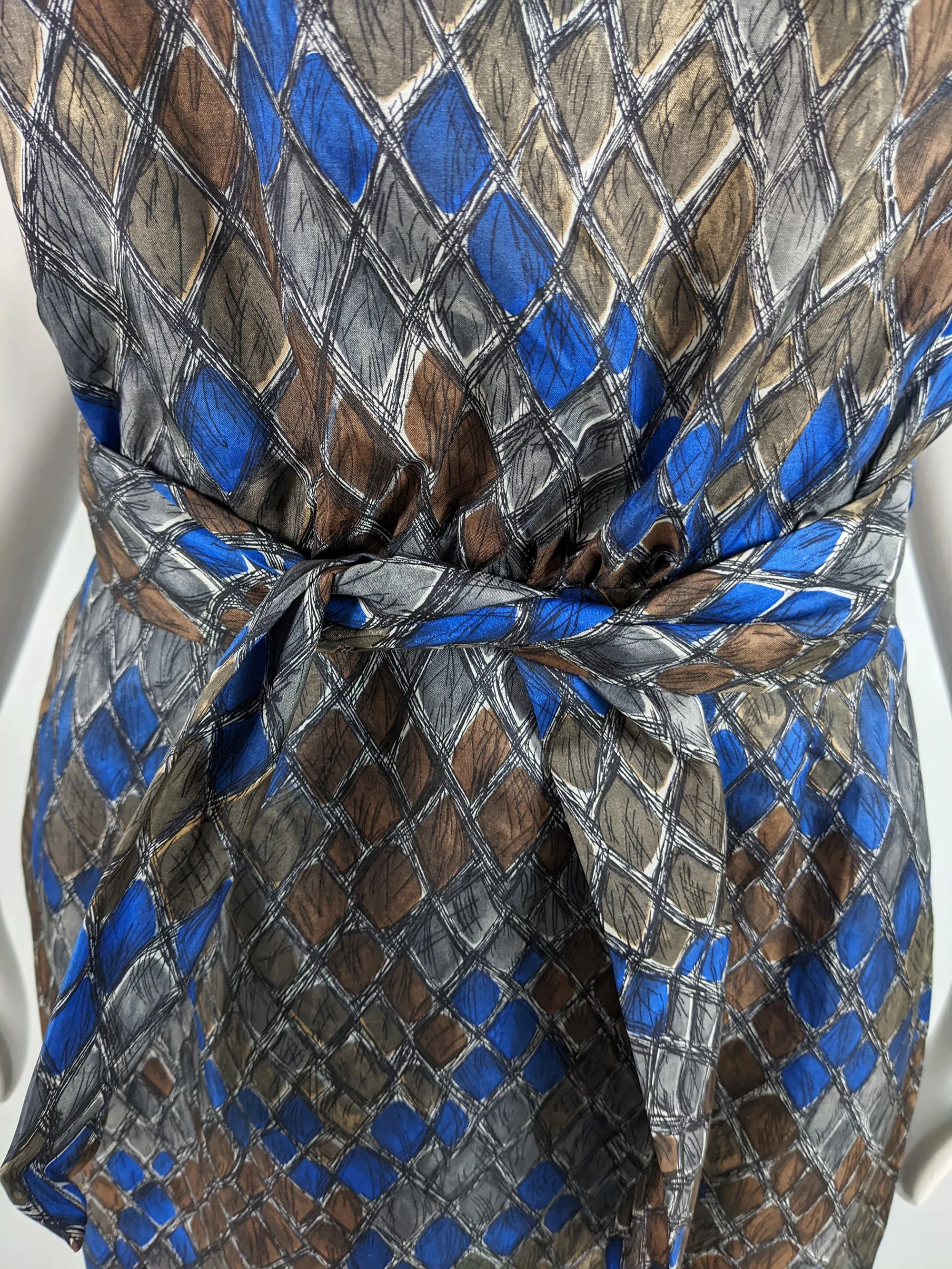 Vintage 50s Silk Party Dress with Blue & Brown Diamond Print, 1950s