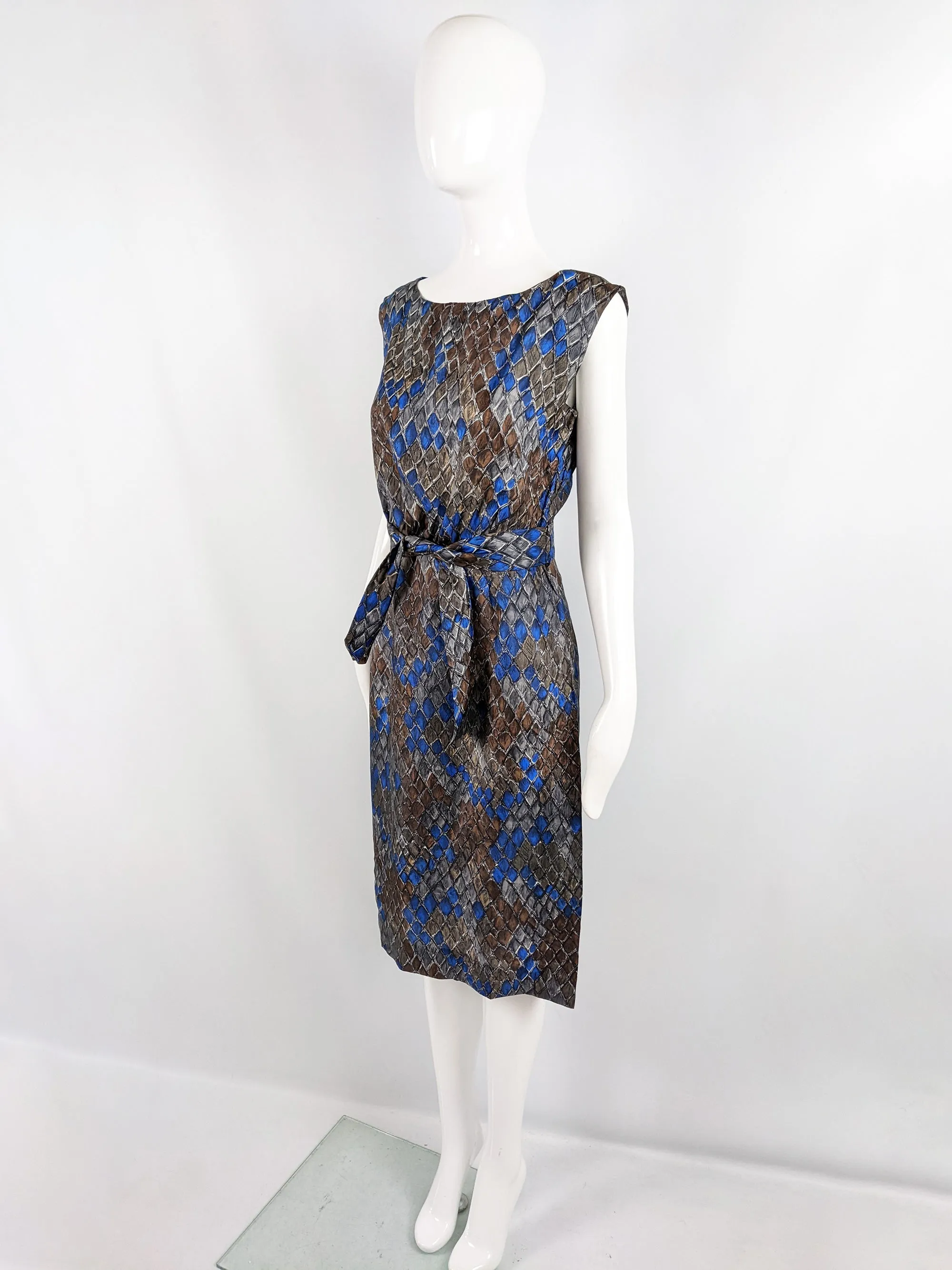 Vintage 50s Silk Party Dress with Blue & Brown Diamond Print, 1950s