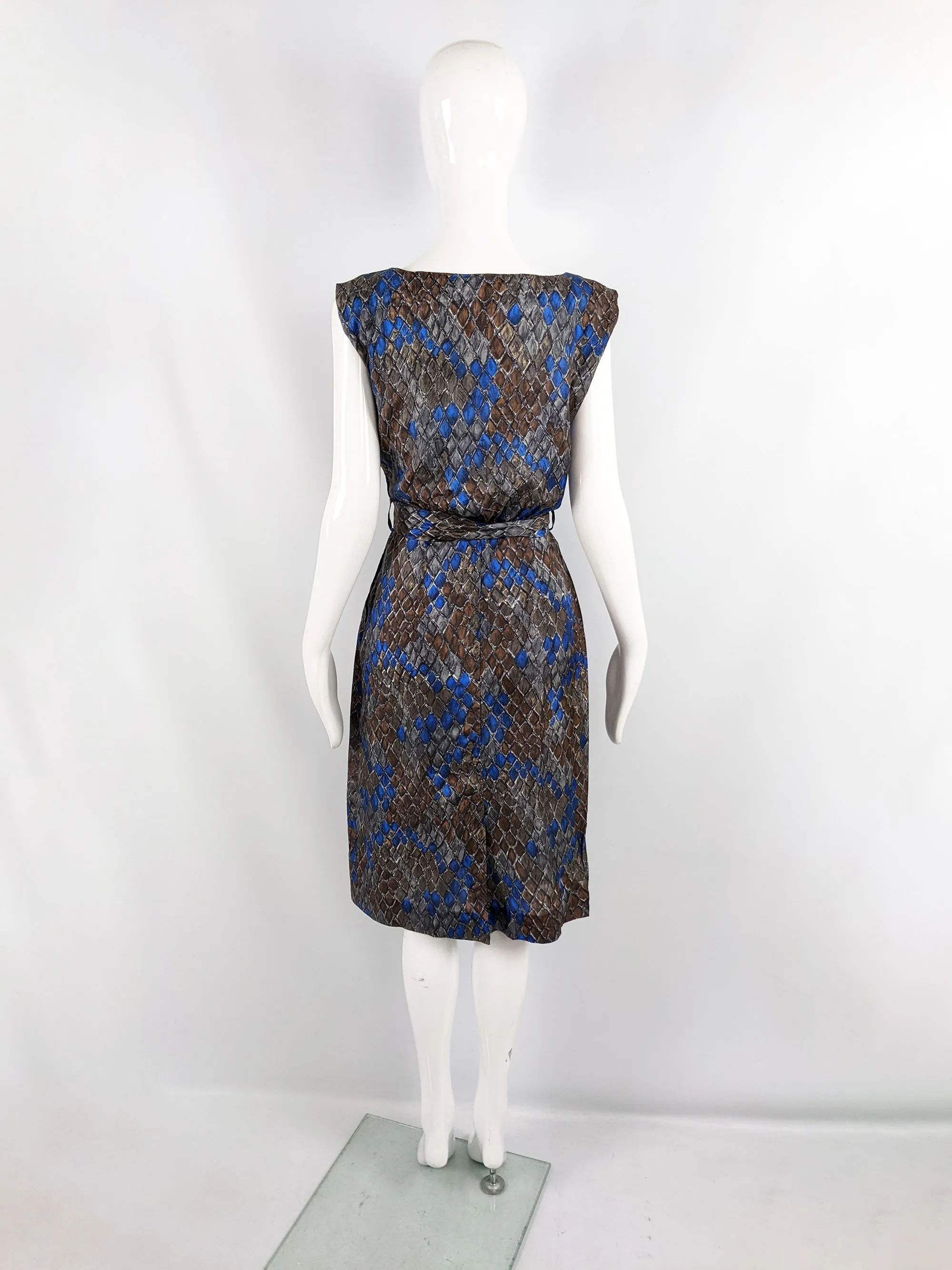 Vintage 50s Silk Party Dress with Blue & Brown Diamond Print, 1950s