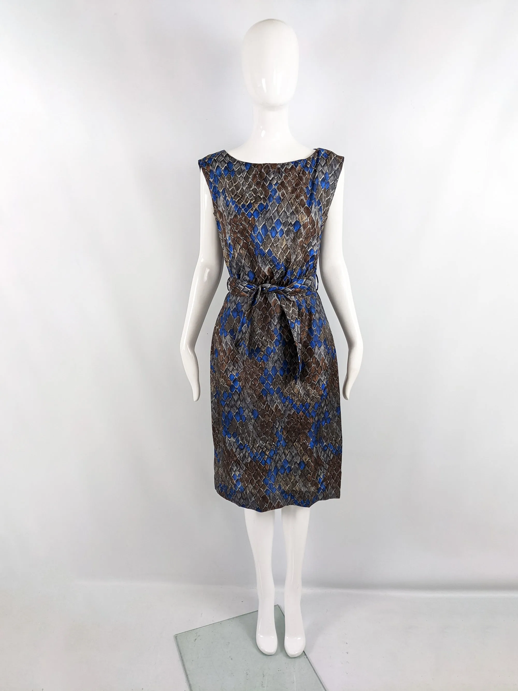 Vintage 50s Silk Party Dress with Blue & Brown Diamond Print, 1950s