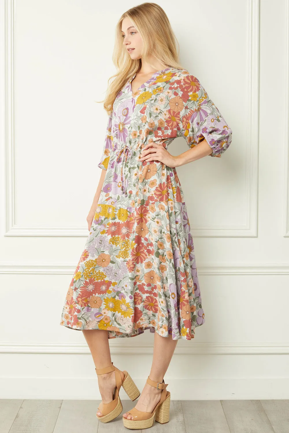 Vintage Floral Midi Dress, Grey