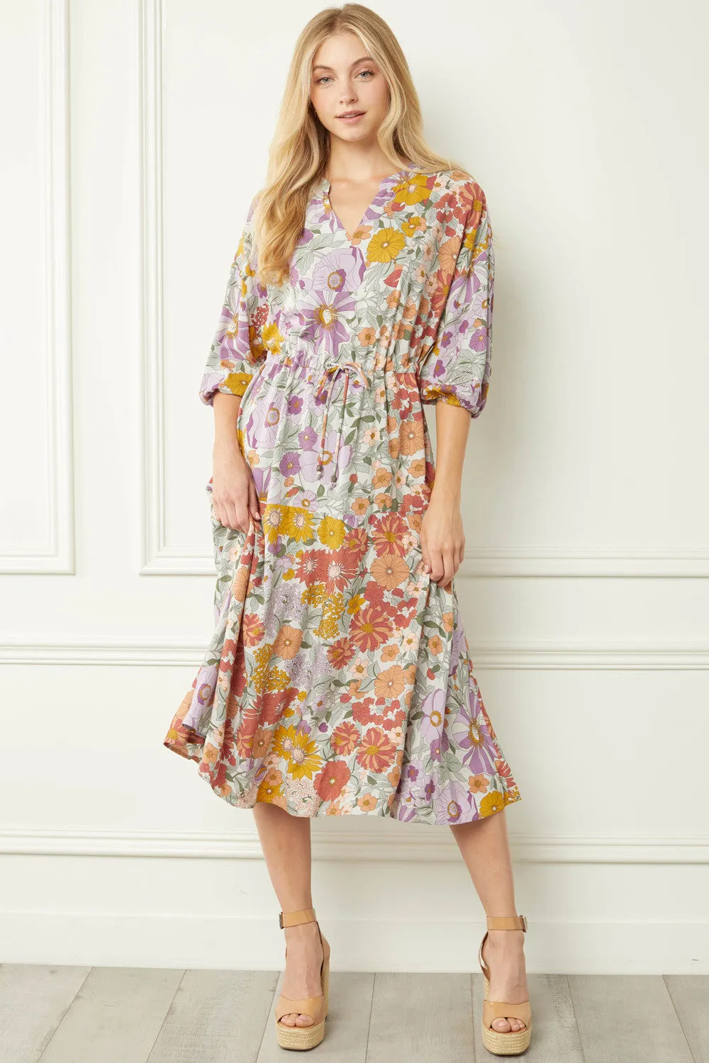 Vintage Floral Midi Dress, Grey