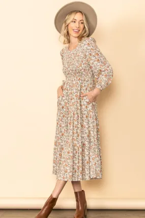 Vintage Floral Midi Dress Taupe