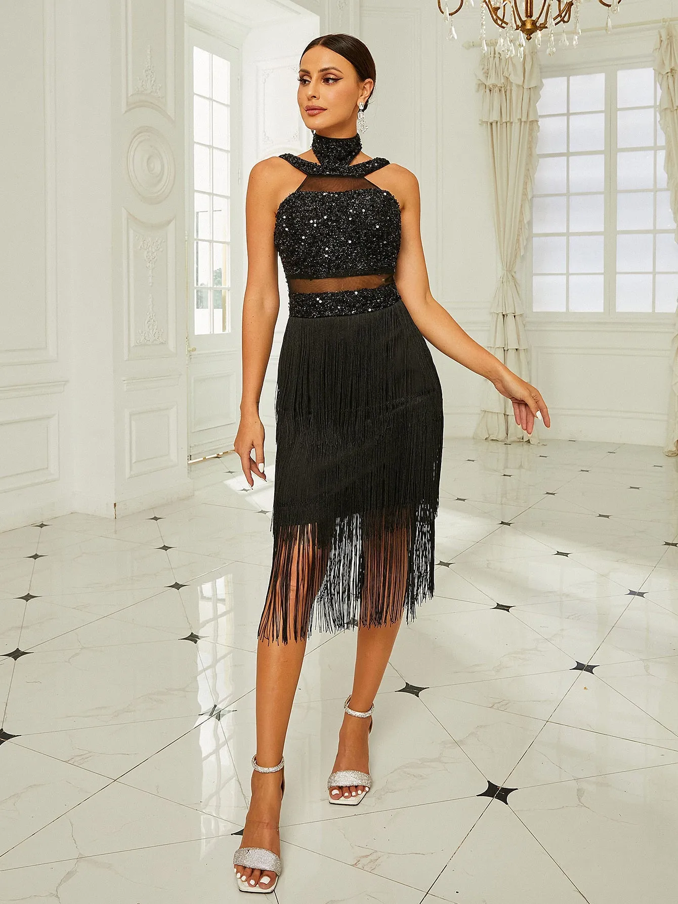 Vintage Halter Neck Tiered Tassel Black Midi Dress RJ10564