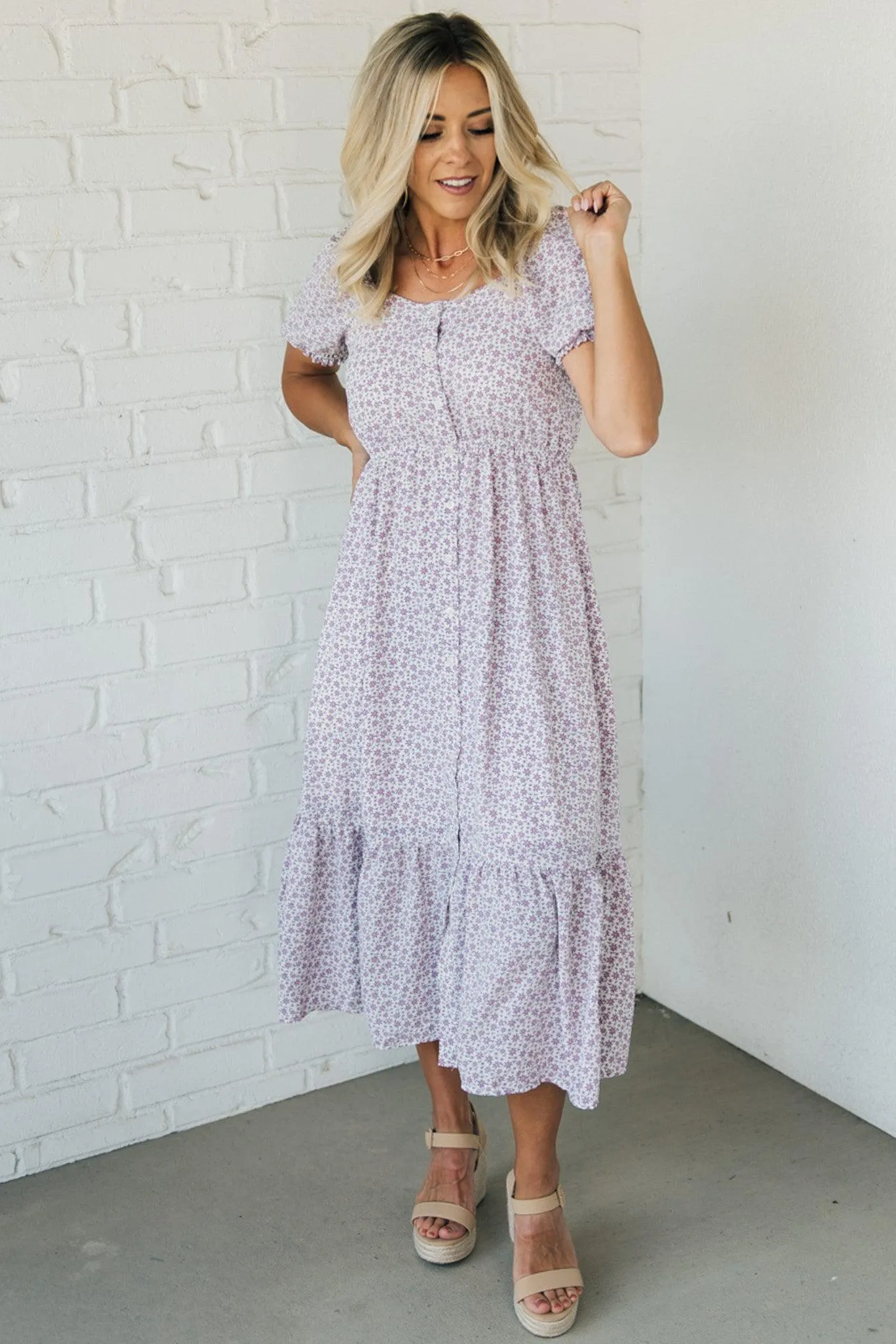 Violet Burst Buttoned Midi Dress