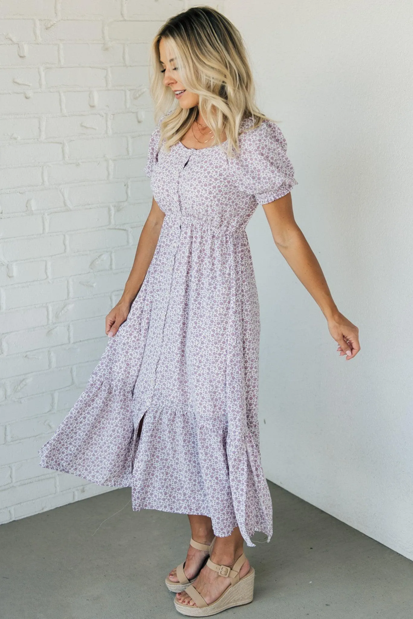 Violet Burst Buttoned Midi Dress