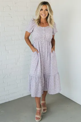 Violet Burst Buttoned Midi Dress