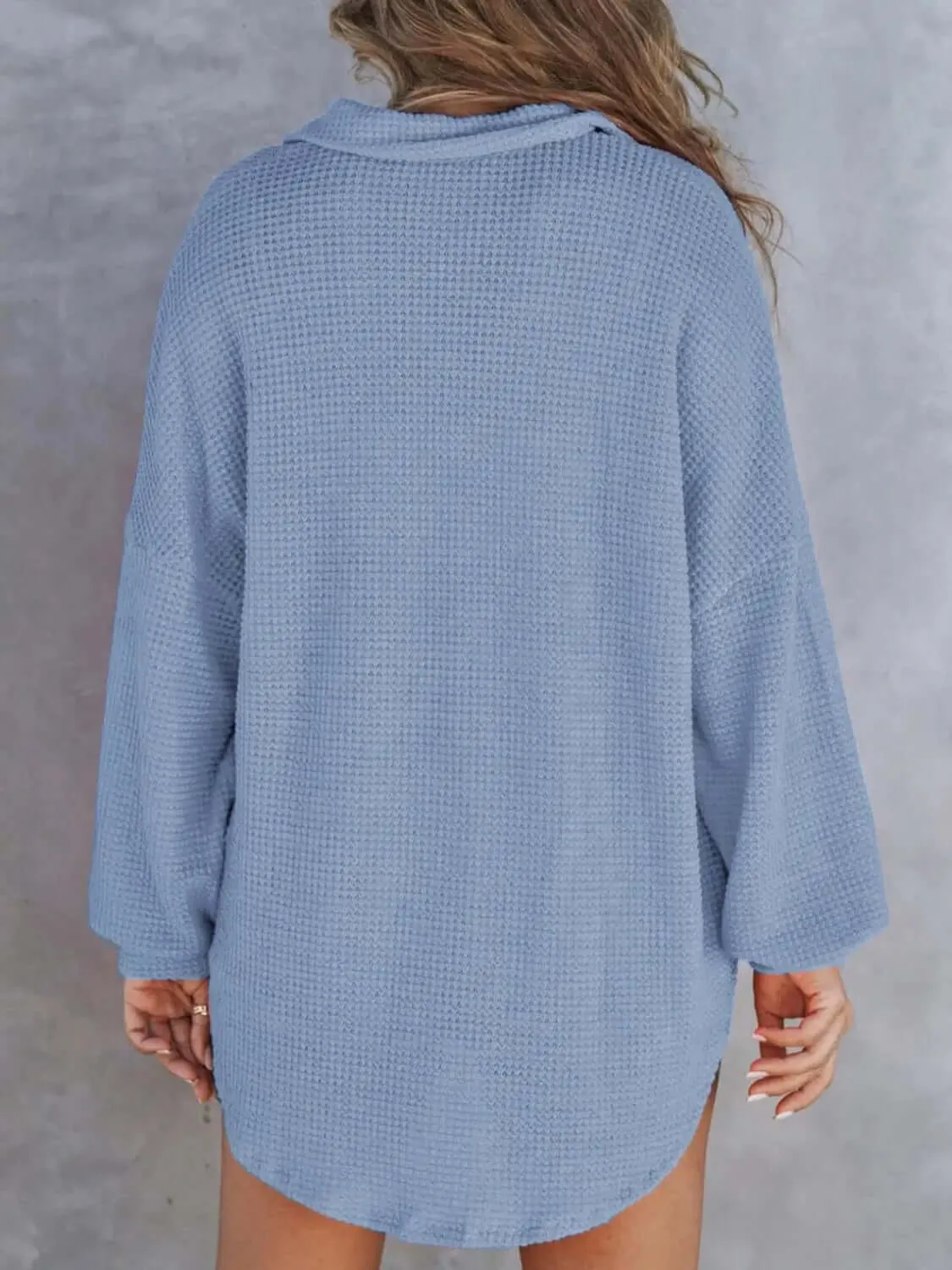 Waffle-Knit Dropped Shoulder Long Sleeve Sweatshirt