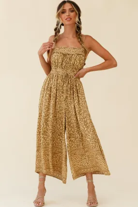 Weekend Escape Cami Strap Drawstring Jumpsuit Animal Print Khaki