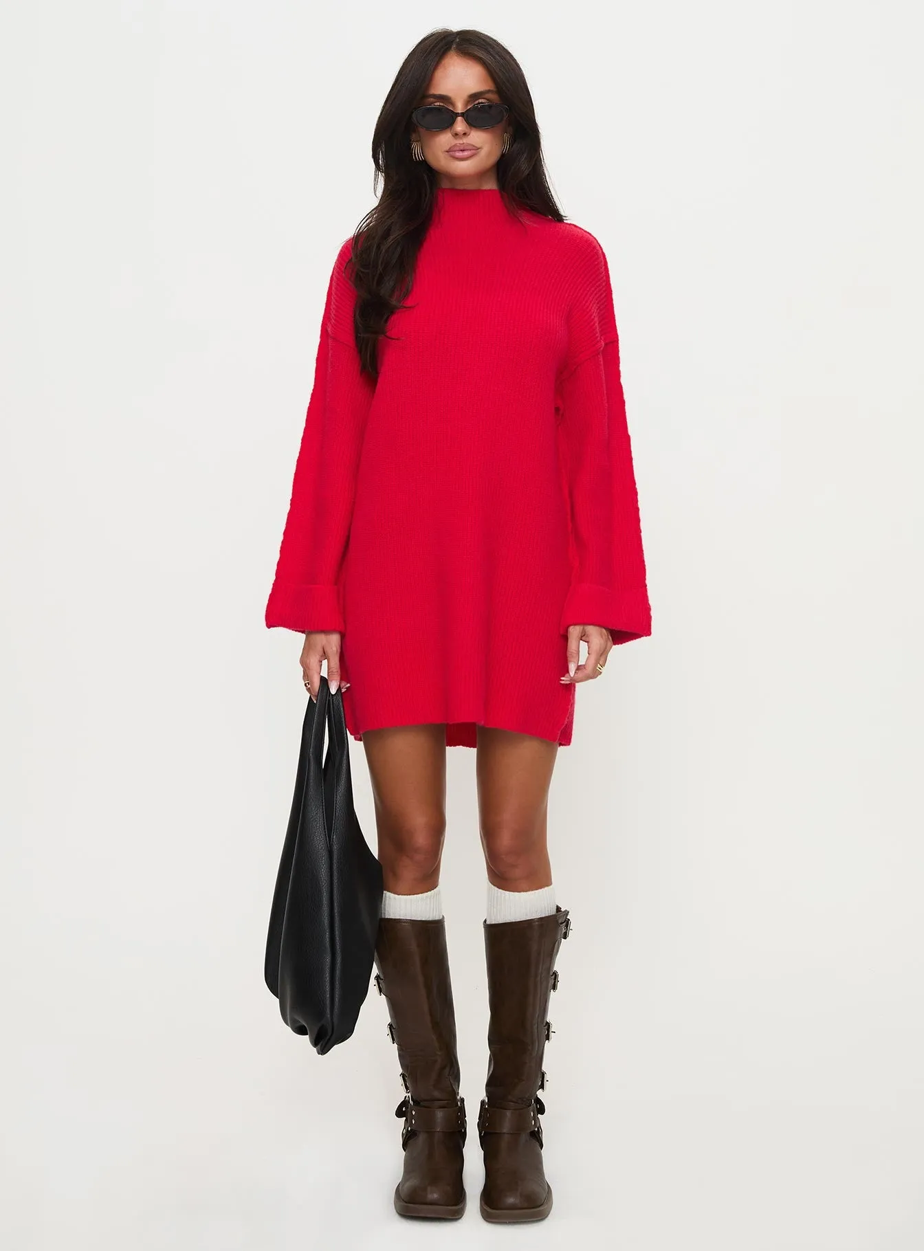 Weslie Long Sleeve Knit Mini Dress Red