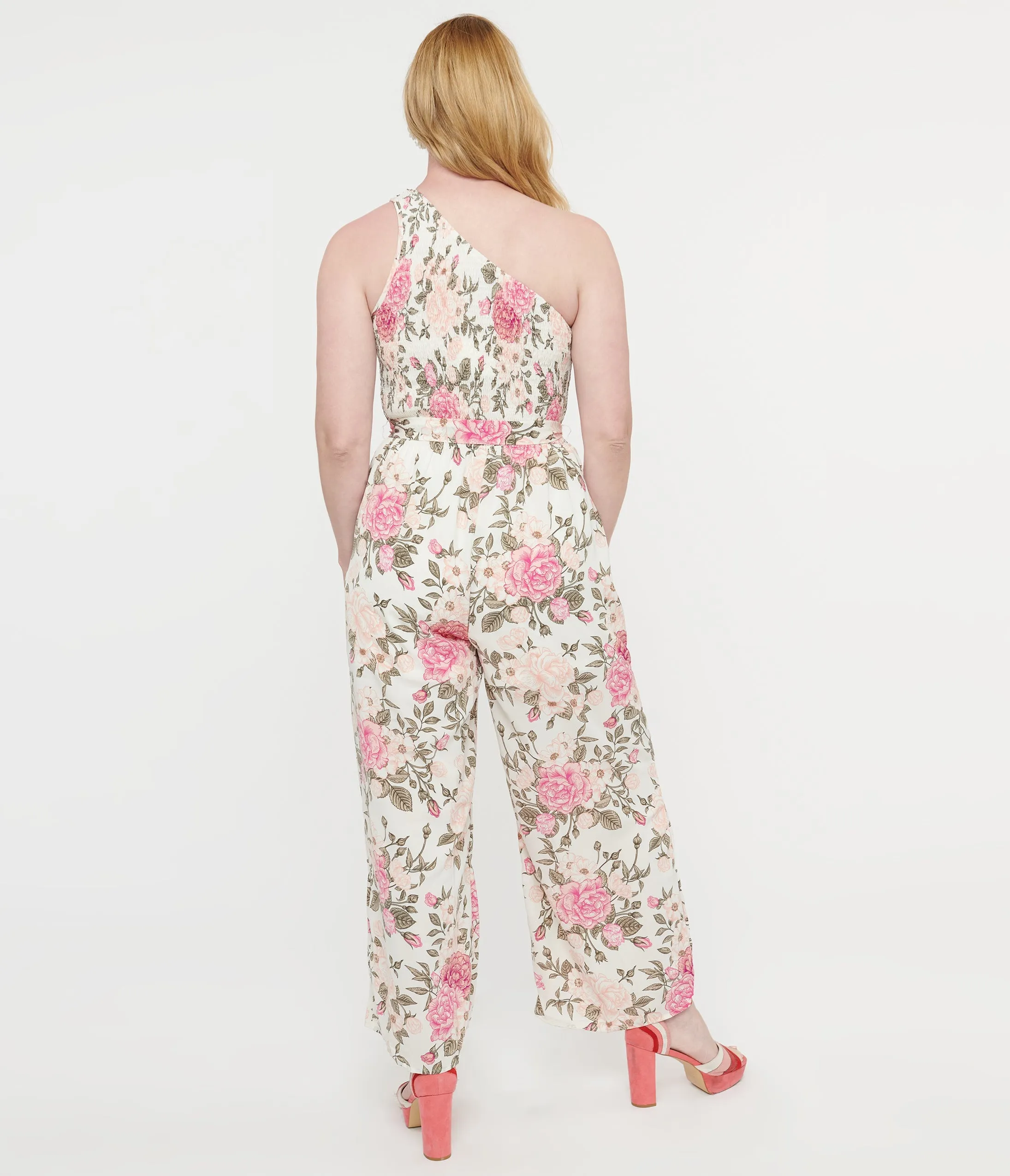 White & Pink Floral Asymmetrical Chiffon Jumpsuit