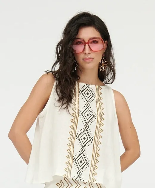 White Linen Top with Aztec Print