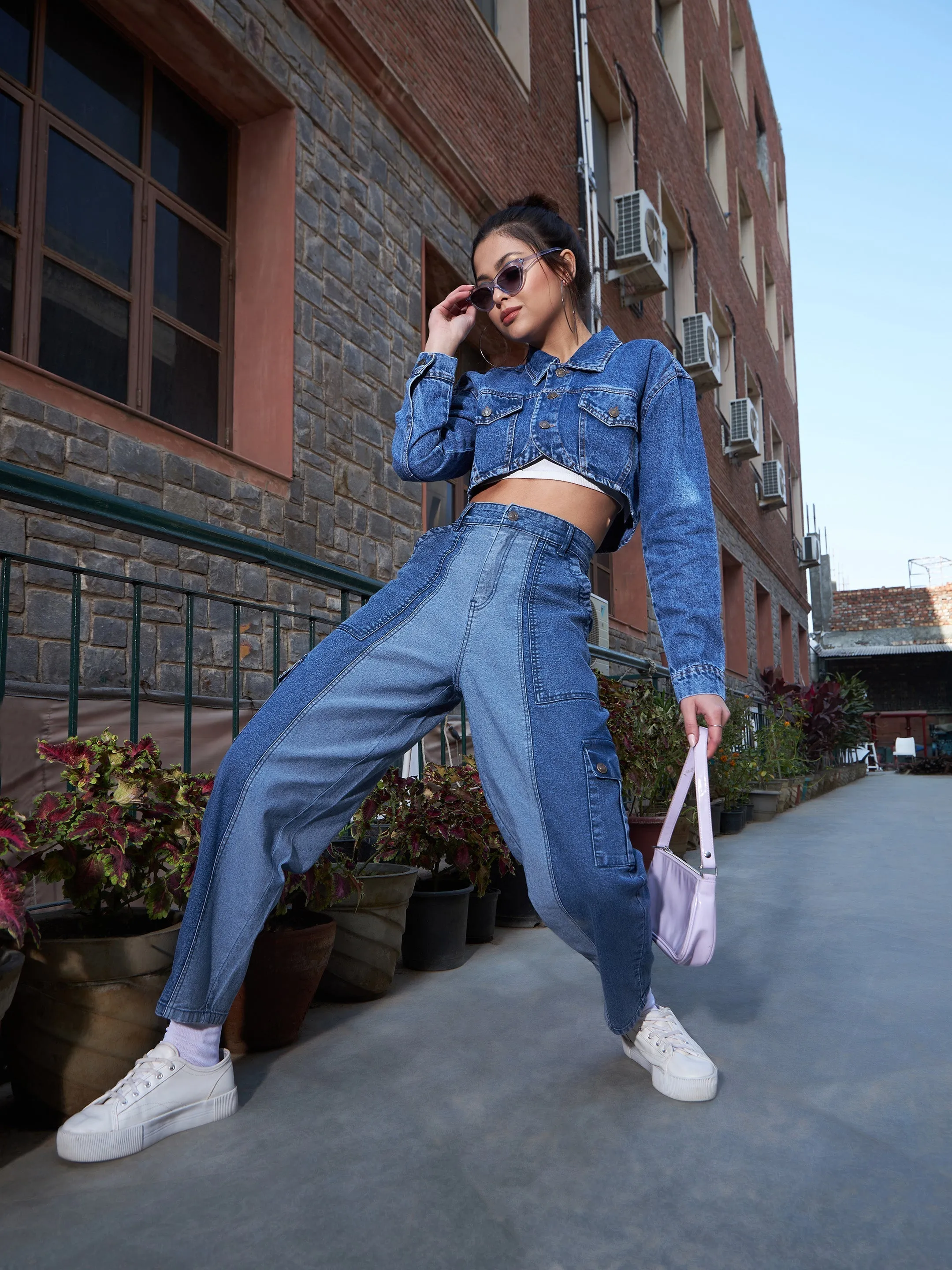 Women Blue Denim Colour Block Balloon Fit Jeans