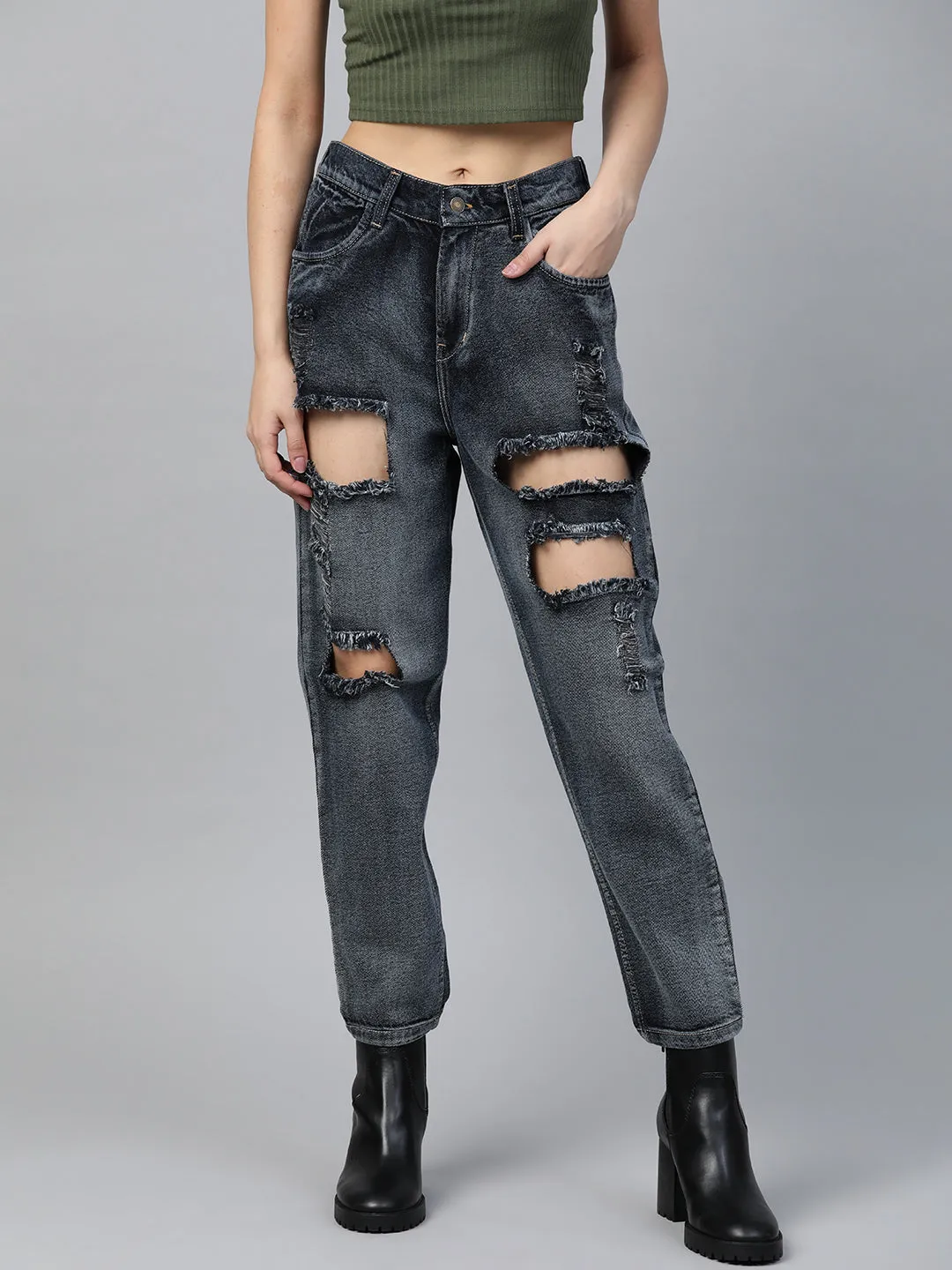 Women Navy Washed Vintage Distress Jeans