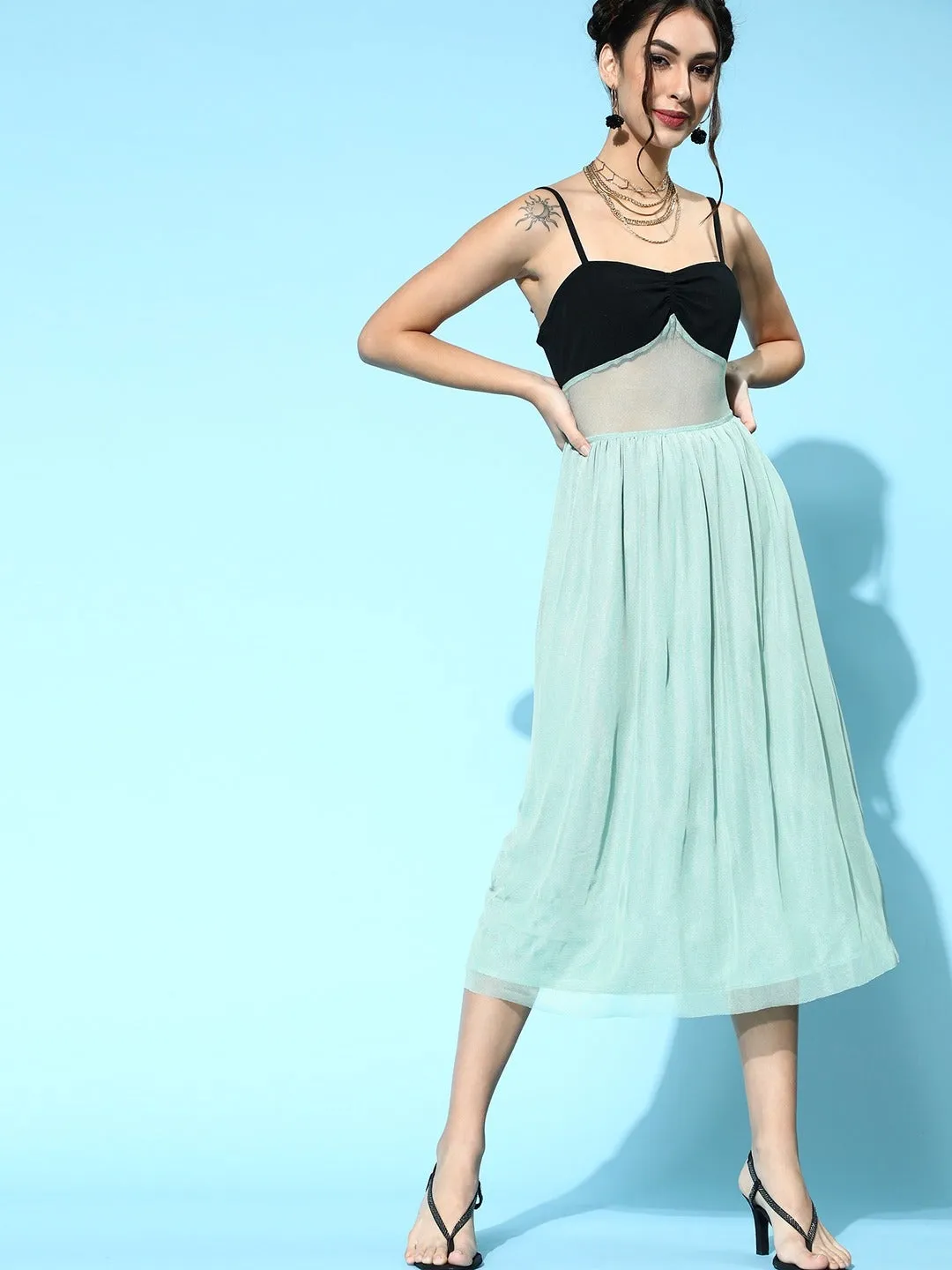 Women Sea Green Mesh Strappy Midi Dress