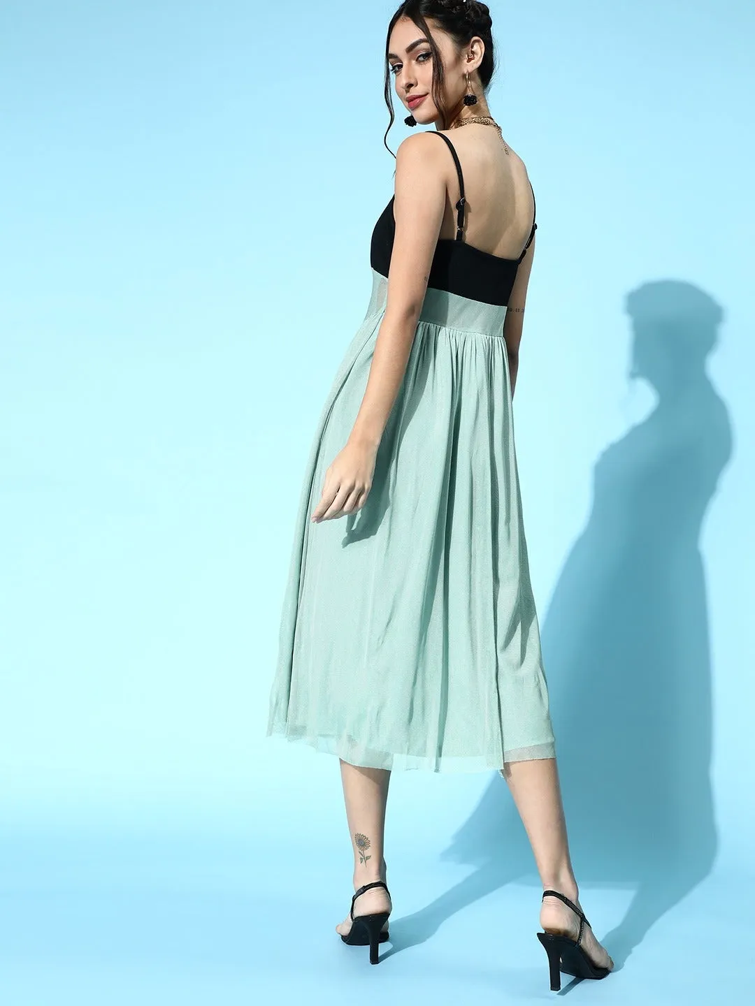 Women Sea Green Mesh Strappy Midi Dress