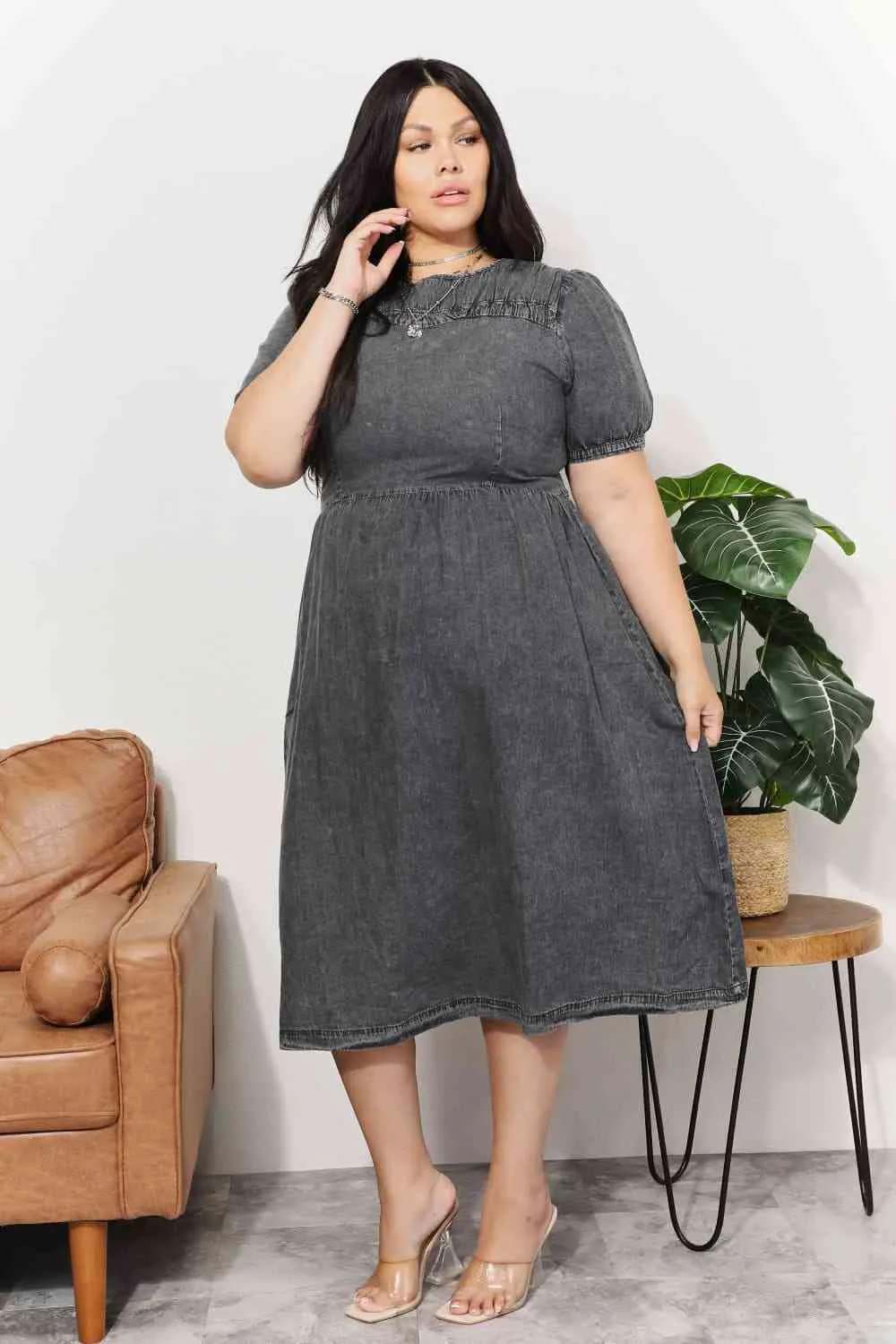 Women's And The Why  Full Size Washed Chambray Midi Dress