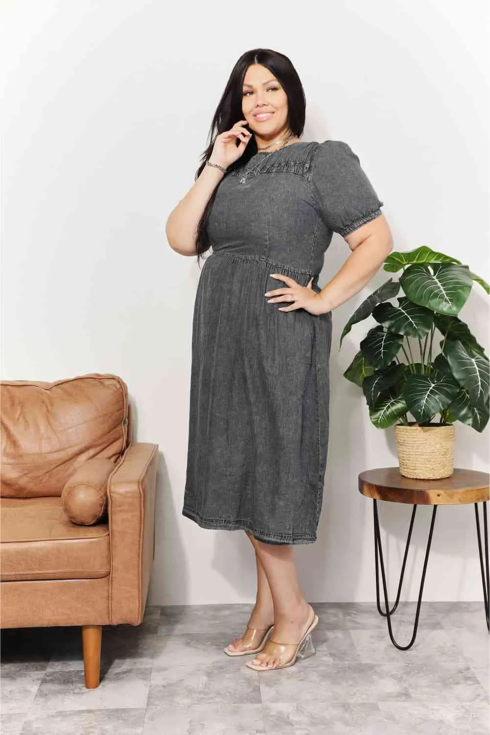 Women's And The Why  Full Size Washed Chambray Midi Dress