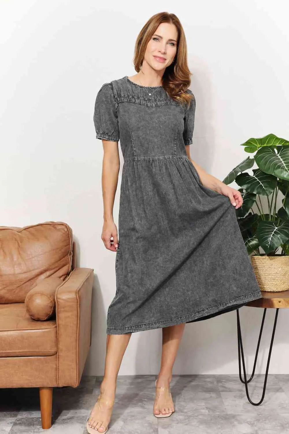 Women's And The Why  Full Size Washed Chambray Midi Dress