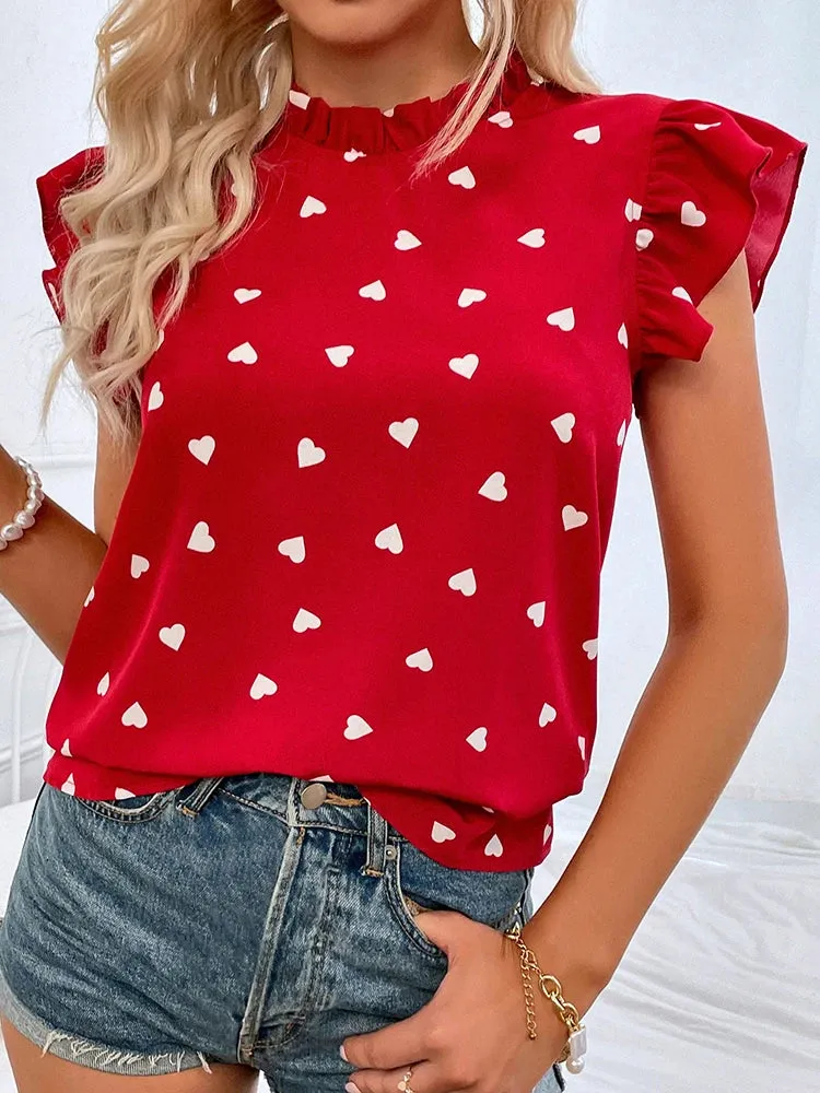 Womens Chiffon Printed Casual Ruffle Short Sleeve Top