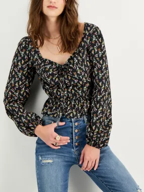 Women's Floral Puff Sleeve Peplum Top,Black