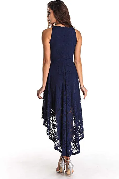 Women's Halter Neck High Low Floral Lace Bridesmaid Sleeveless Swing Cocktail Parte Evening Semi Formal Dress