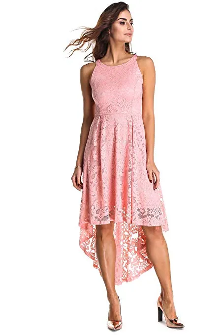 Women's Halter Neck High Low Floral Lace Bridesmaid Sleeveless Swing Cocktail Parte Evening Semi Formal Dress