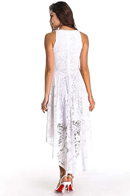 Women's Halter Neck High Low Floral Lace Bridesmaid Sleeveless Swing Cocktail Parte Evening Semi Formal Dress