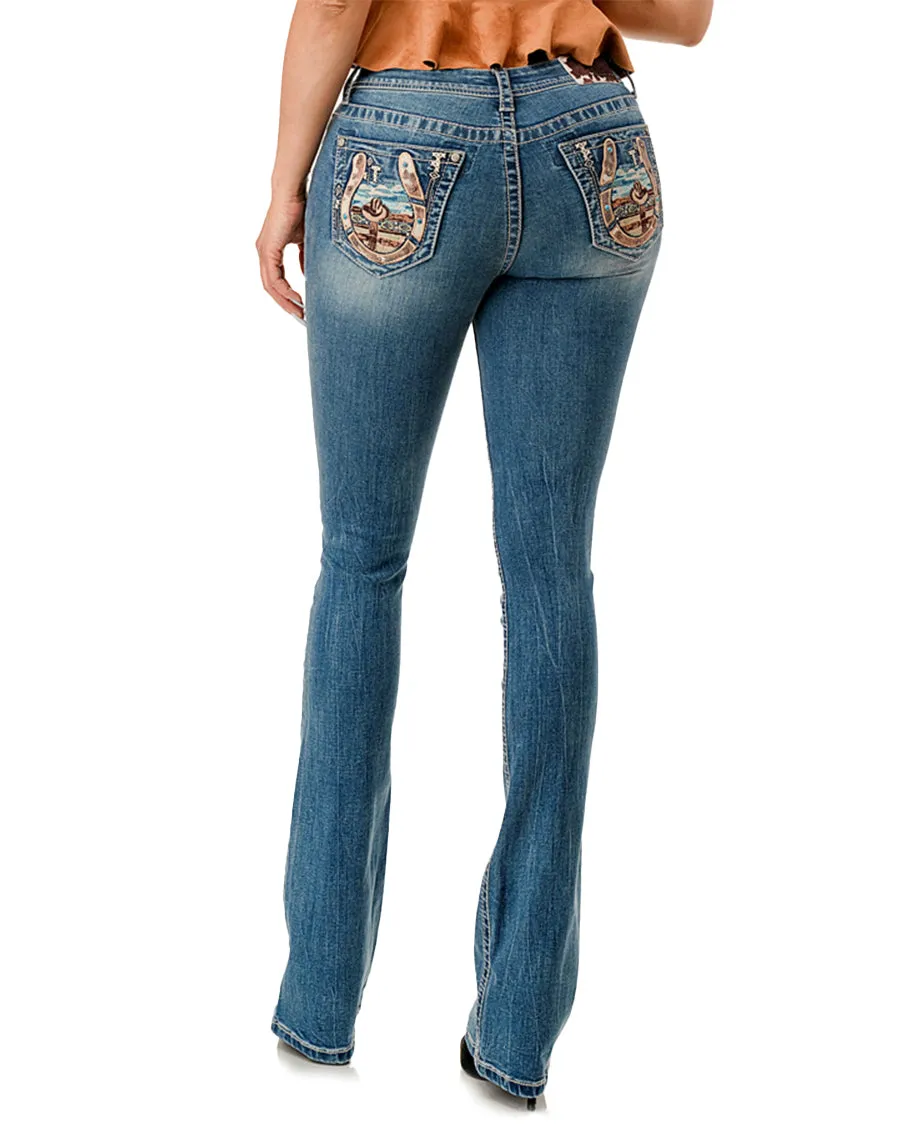 Women's Horseshoe Cowboy Scene Boot Cut Jeans