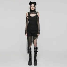 Women's Punk Irregular Ruched Black Party Dress with Hooded Cape