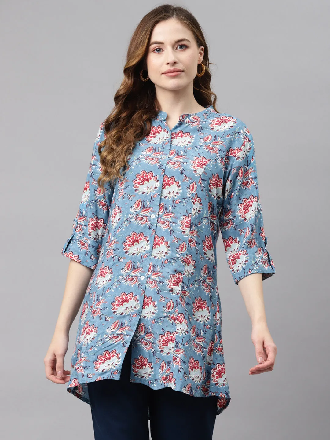 Women'S Sky Blue Floral Rayon Top