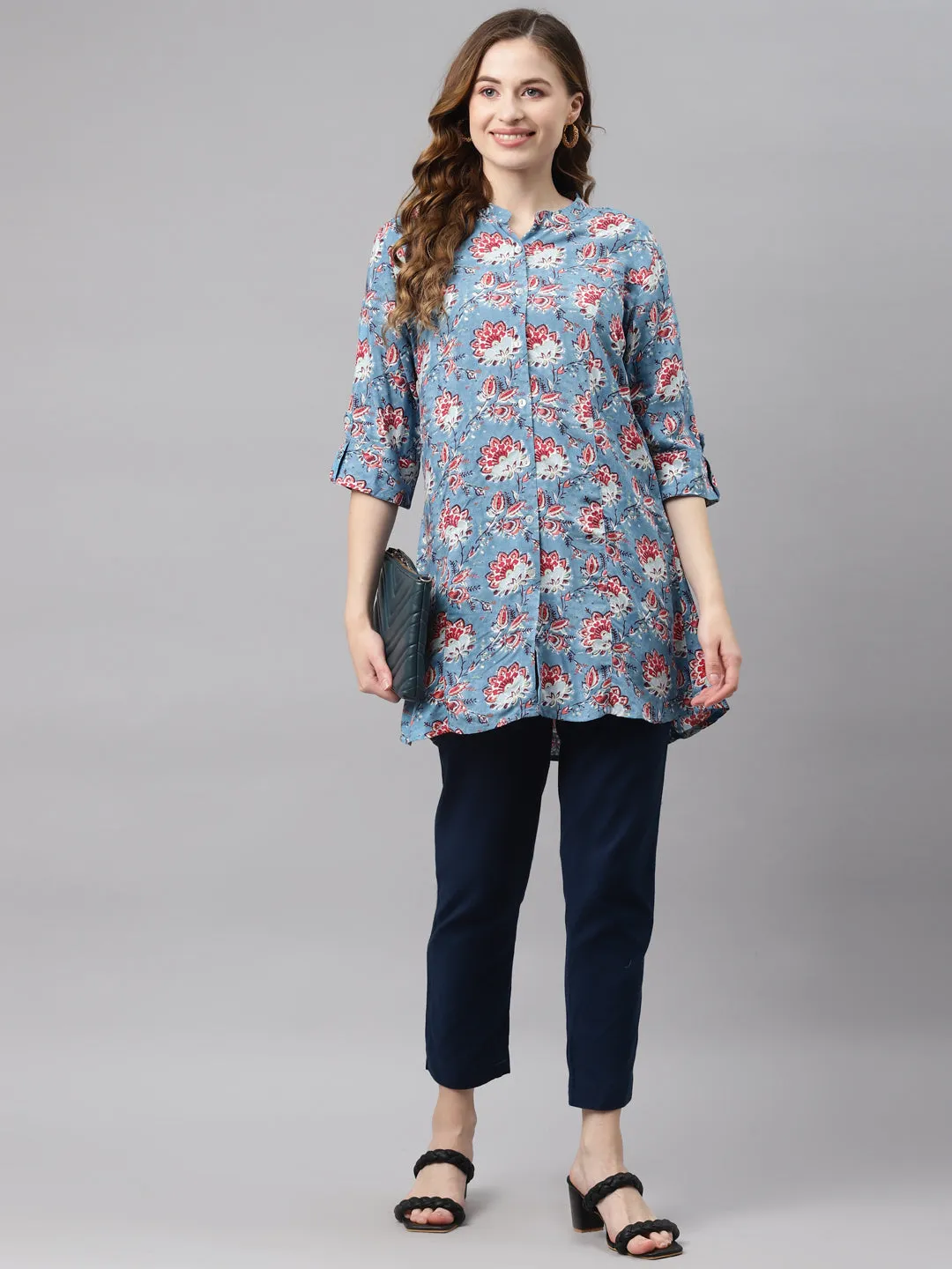 Women'S Sky Blue Floral Rayon Top