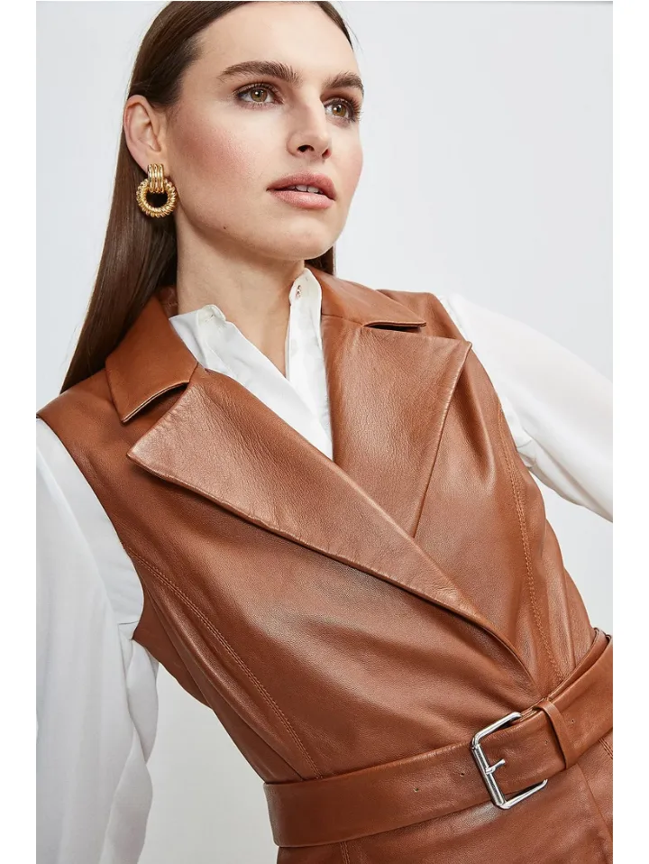 Women’s Sleeveless Tan Brown Sheepskin Leather Trench Coat