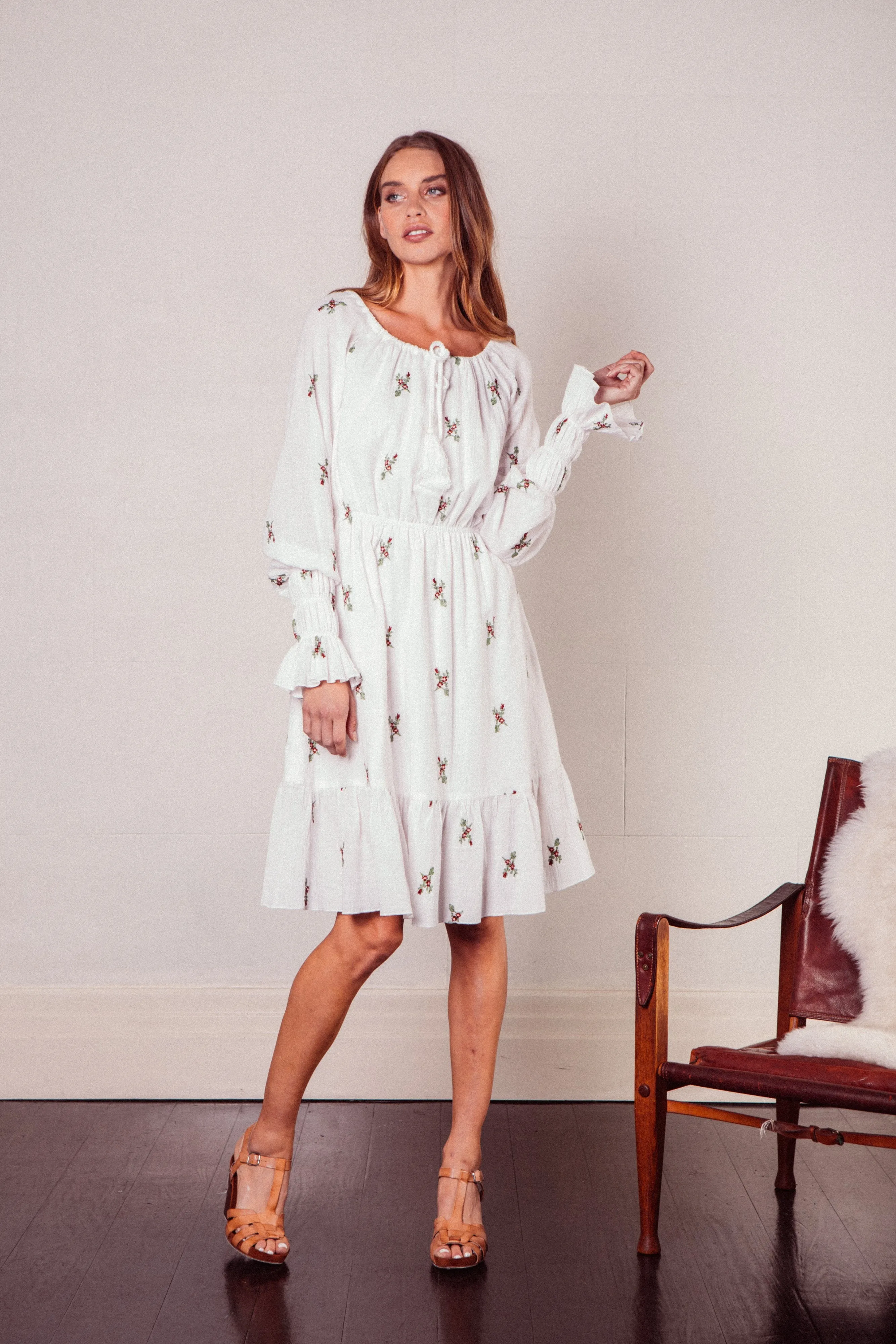 Woodland White Floral Cotton Midi Dress