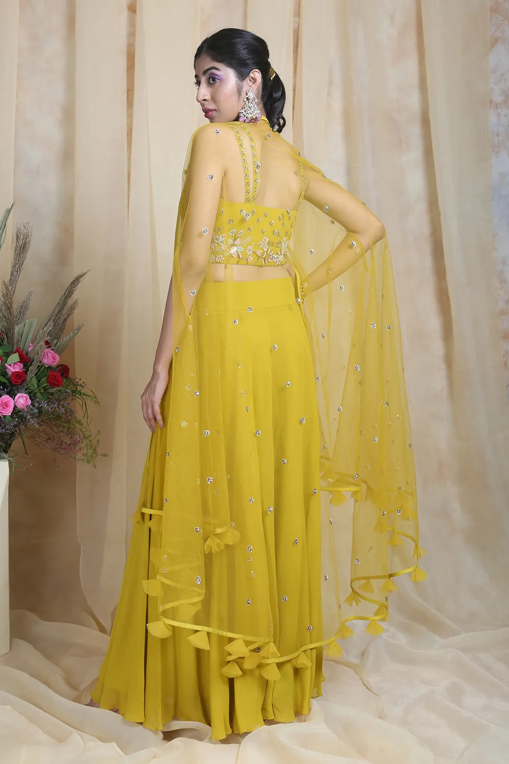 Yellow Corset Cullote Cape Set