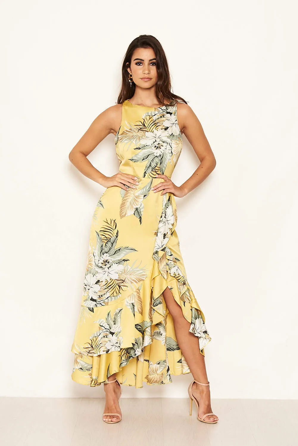 Yellow Frilled Floral Midi Dress with Side Slip