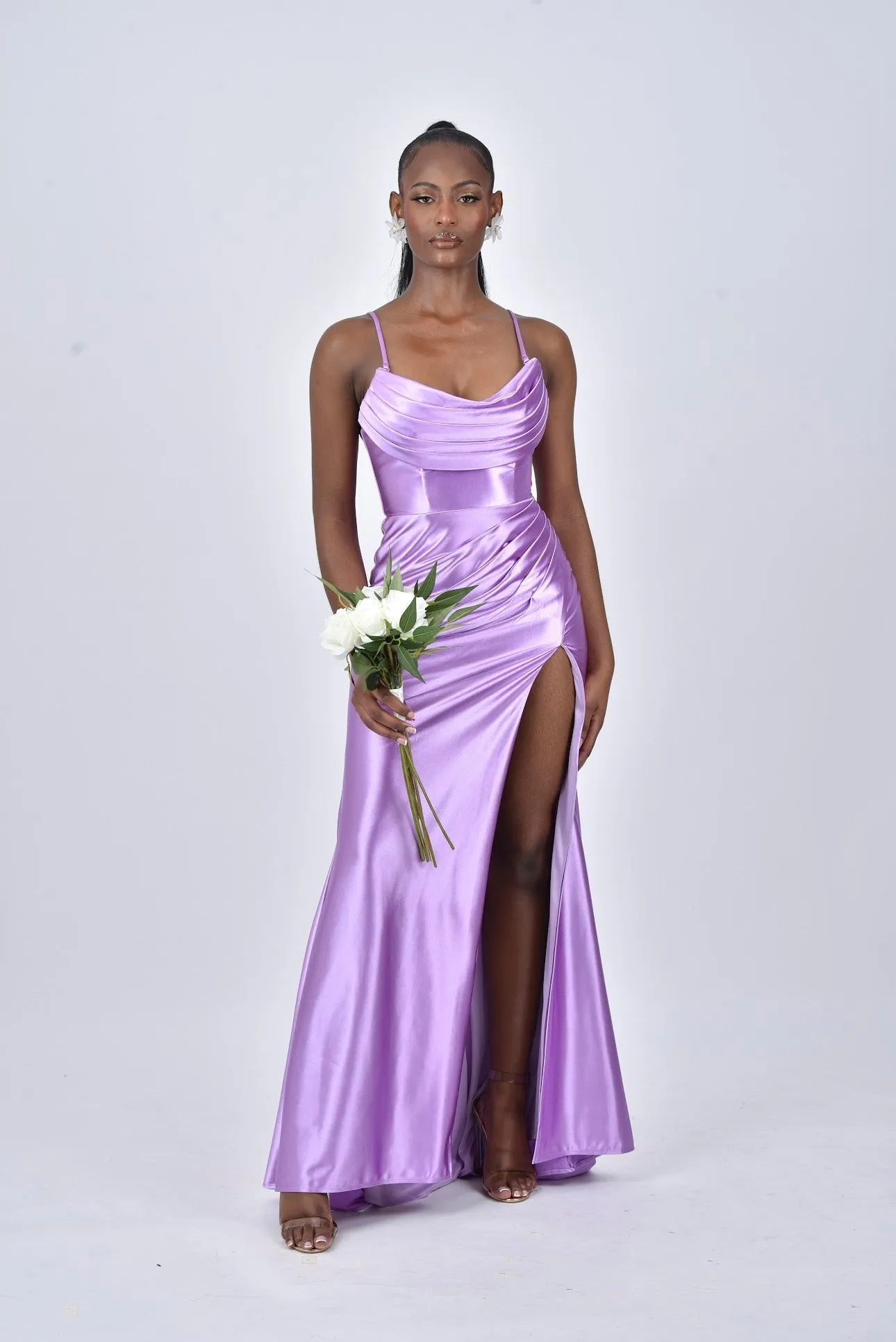 ZARA Satin Cowl Neck Bridesmaids Maxi Dress with Side Split - Lilac / Light Purple