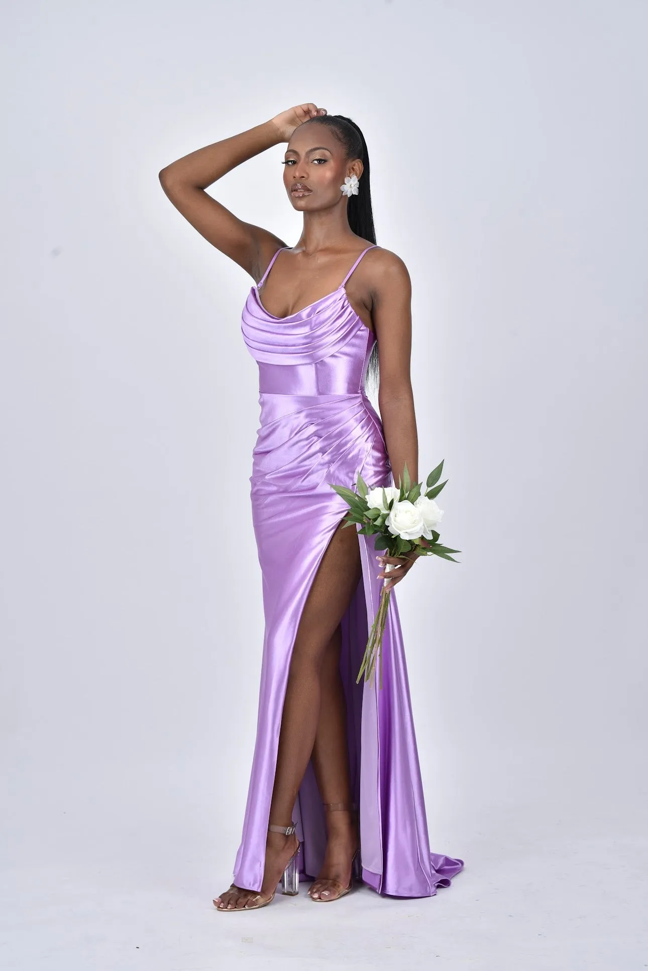 ZARA Satin Cowl Neck Bridesmaids Maxi Dress with Side Split - Lilac / Light Purple